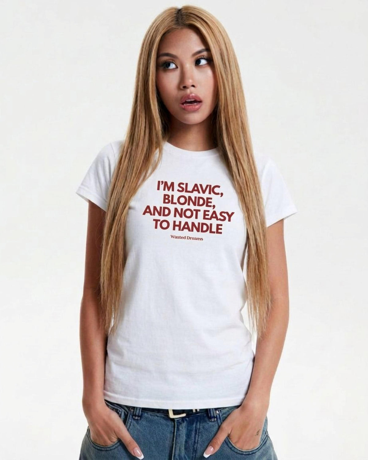 I'M SLAVIC, BLONDE AND NOT EASY TO HANDLE SEMI-FITTED T-SHIRT