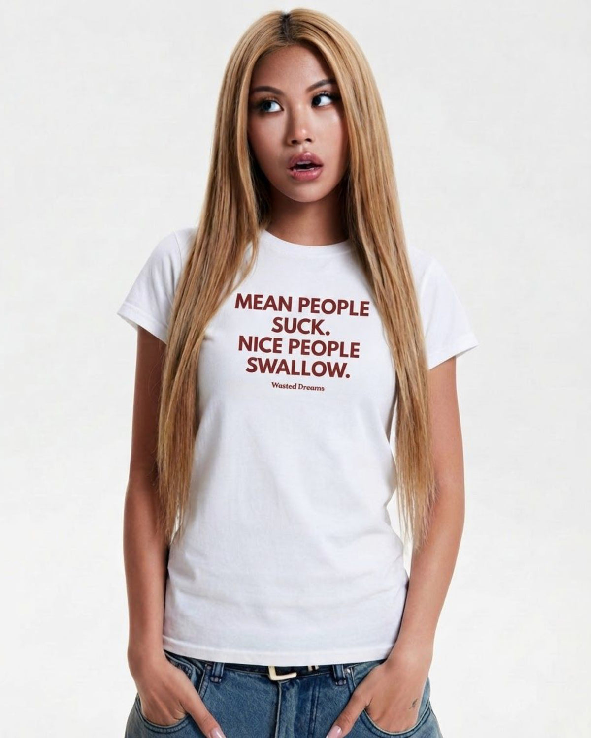 MEAN PEOPLE SUCK. NICE PEOPLE SWALLOW SEMI-FITTED T-SHIRT